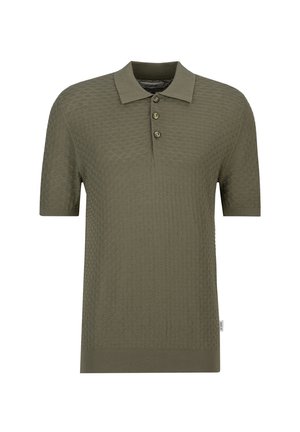 Olijfgroene polo met korte mouwen met een gestructureerd patroon, drie knopen en een geribde kraag en zoom.