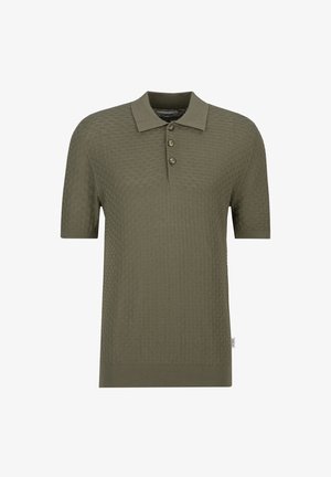 Olijfgroene polo met korte mouwen met een gestructureerd patroon, drie knopen en een geribde kraag en zoom.