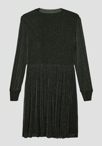 Langarmige, donkergroene jurk gemaakt van een glinsterende stof. Heeft een getailleerd lijfje met een geplooide rok en een ronde hals.