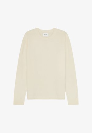 Crème-kleurige trui met lange mouwen, gemaakt van zachte breigoed. Heeft een ronde halslijn en geribbelde manchetten, met een relaxte pasvorm.