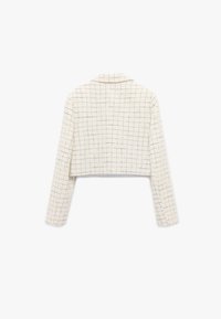 Korte jas in wit textiel met een rasterpatroon, met lange mouwen en een gekartelde kraag.