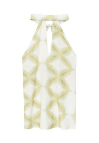Abito senza maniche con collo all'uncinetto, in tessuto bianco decorato con morbidi motivi geometrici giallo e grigio a forma di diamante.