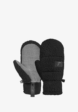 Schwarze Fleece-Handschuhe mit einer grauen Stoffhandfläche, geripptem Bund und strukturierten schwarzen Akzenten. Enthält ein kleines Logo-Patch an der Seite.