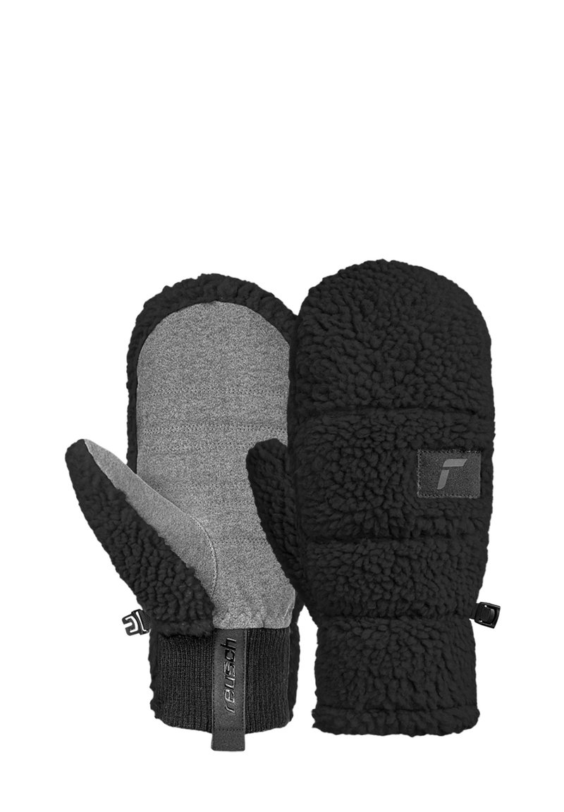 Black fleece mittens with a gray fabric palm, ribbed cuff, and textured black accents. Includes a small logo patch on the side.