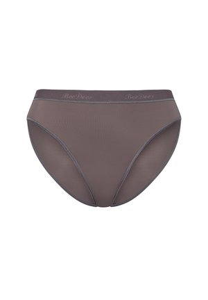 Brown high-waisted women's underwear with a smooth, stretchy fabric. Features a wide elastic waistband with subtle branding and minimal seams.