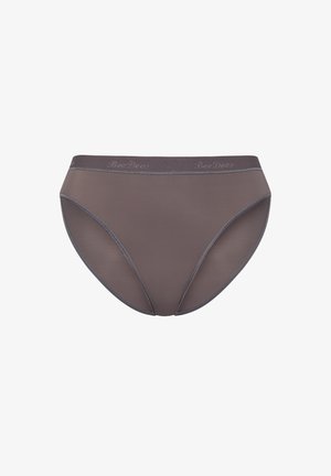 Brown high-waisted women's underwear with a smooth, stretchy fabric. Features a wide elastic waistband with subtle branding and minimal seams.