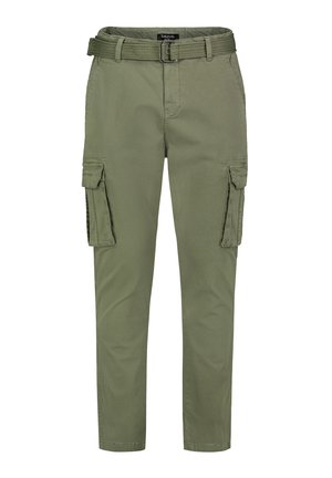 Olive green cargo pants with a belt, featuring two side pockets and a smooth texture; tapered design emphasizes a fitted look.