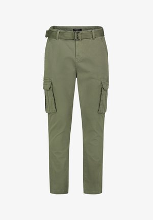 Olivgrüne Cargo-Hosen mit einem Gürtel, ausgestattet mit zwei Seitentaschen und einer glatten Textur; das konische Design betont eine figurbetonte Optik.