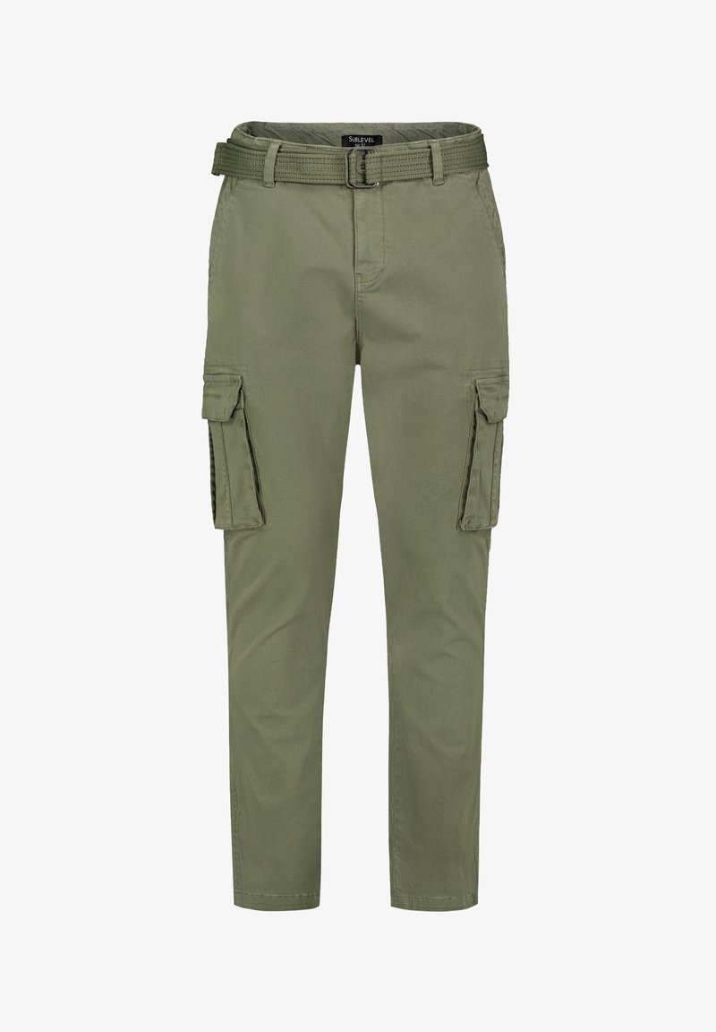 Olive green cargo pants with a belt, featuring two side pockets and a smooth texture; tapered design emphasizes a fitted look.