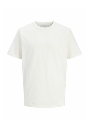 Biała bawełniana koszulka z okrągłym dekoltem i krótkimi rękawami, charakteryzująca się prostym, minimalistycznym wzorem oraz gładką fakturą.