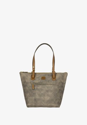 Sac fourre-tout en tissu tissé marron avec des accents en cuir, double anses et une poche zippée à l'avant. Il présente une forme rectangulaire et une texture subtile.