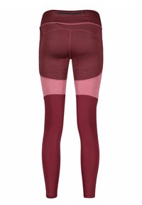 Vinröda leggings med färgblockerade paneler i mörkröd och ljusrosa. Har en dragkedjeförsedd bakficka och ett slätt, stretchy tyg.