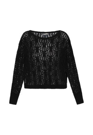 Sort cropped sweater lavet af et indviklet åbent strikkemønster med lange ærmer og ribbede manchetter. Har en bred, rund halsudskæring.