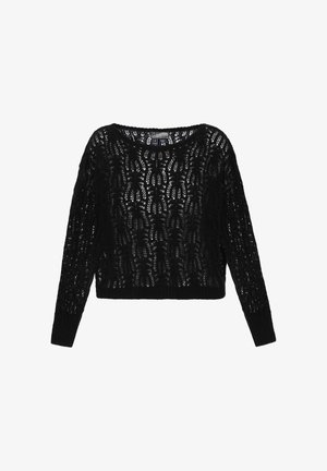 Sort cropped sweater lavet af et indviklet åbent strikkemønster med lange ærmer og ribbede manchetter. Har en bred, rund halsudskæring.