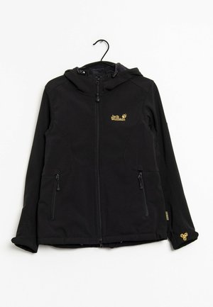 Black Jack Wolfskin ritsjack met capuchon, twee zakken met rits en gele logo's op de borst en mouw, tentoongesteld aan een hanger.