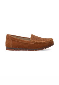 Braune Wildleder Slipper mit strukturiertem, gewebtem Akzent auf dem Blatt, abgerundeter Zehenform und flexibler Gummisohle. Minimalistisches und leichtes Design.