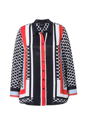 Halenka s dlouhým rukávem s černo-červenobílým geometrickým vzorem, s knoflíkovým zapínáním vpředu a kontrastními manžetami ve světle modré barvě.