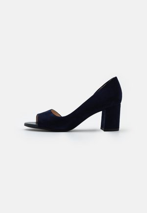 Escarpin pour femme en cuir suédé bleu marine avec talon bloc et bout ouvert sur fond blanc.