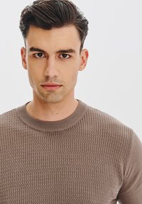 Brązowy sweter o fakturze z prążkowanym dekoltem. Tkanina posiada subtelny wzór, a rękawy są gładkie, co tworzy kontrast w fakturze.