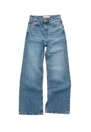 Light blue wide-leg jeans with a high waist, made of denim. Features five pockets, belt loops, and subtle whiskering on the fabric.