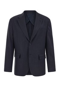 Sötét tengerészkék egygombos zakó bevágott hajtókákkal, két fedeles zsebbel, egy mellzsebbel és egy gombos záródással.