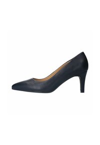 Escarpin en cuir noir à talon haut, avec un bout pointu et un talon mince légèrement texturé. Surface lisse et design minimaliste.