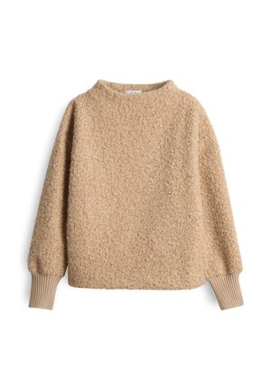 Beige gebreide trui met een losse pasvorm, ronde halslijn en geribbelde accenten bij de mouwen. Zacht, pluizig materiaal voor warmte.