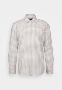 Chemise homme à manches longues boutonnée avec petit motif à carreaux beige et blanc et col pointu, présentée sur fond uni.