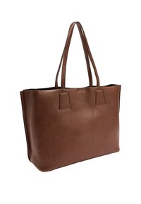 Brązowa torba na ramię ze skóry, z dwoma długimi uchwytami, o ustrukturyzowanym kształcie i minimalistycznym designie. Posiada prostokątne akcenty po obu stronach.