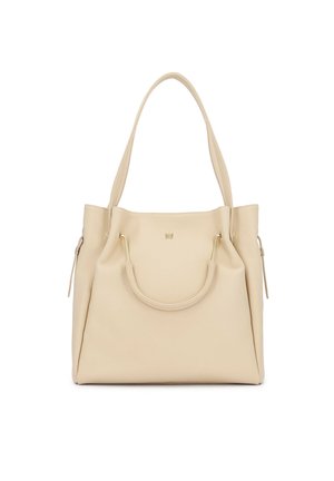 Sac fourre-tout en cuir beige avec deux poignées et un logo doré minimaliste centré sur le devant, présenté sur un fond blanc.