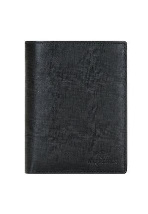 Black leather wallet with a textured surface. Features a simple, rectangular design with stitched edges and a logo on the bottom right corner.