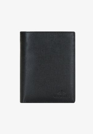 Black leather wallet with a textured surface. Features a simple, rectangular design with stitched edges and a logo on the bottom right corner.