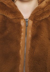 Hoodie en fourrure marron avec une texture douce, dotée d'une fermeture éclair à l'avant et de garnitures en cuir. Détails remarquables : une capuche et un tissu pelucheux.