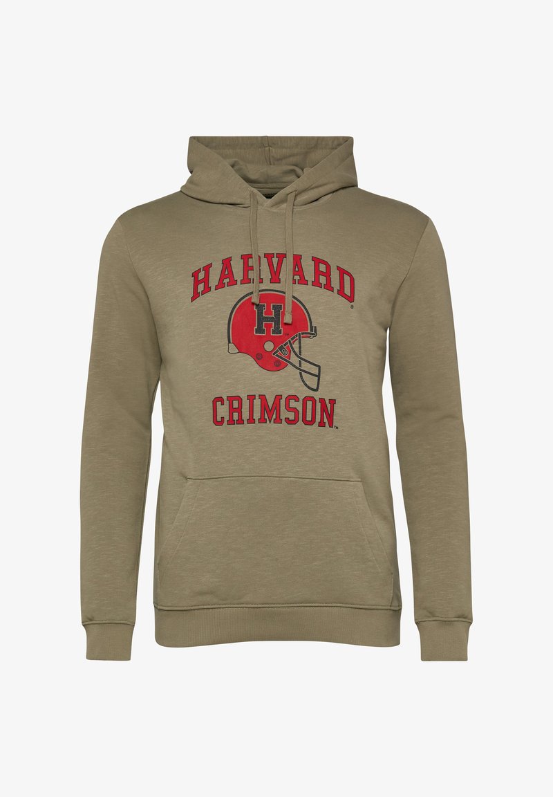 Beiger Kapuzenpullover mit Fronttasche, rotem Football-Helm-Grafik und dem Text "Harvard Crimson" in Rot und Schwarz auf der Brust.