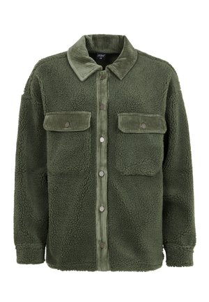 Olivgrüne Fleece-Westenjacke mit einem Cordkragen, Druckknopfverschluss und zwei Brusttaschen mit Knopfklappen. Strukturiertes Material.