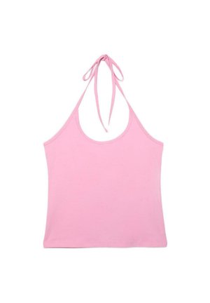 Top corto rosa con collo halter e sottili bretelle legate al collo, senza maniche con scollatura a giro, posato su sfondo bianco.