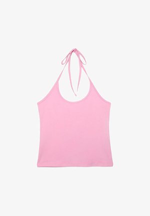 Top corto rosa con collo halter e sottili bretelle legate al collo, senza maniche con scollatura a giro, posato su sfondo bianco.