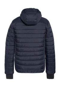 Giacca a vento blu navy con cappuccio, caratterizzata da un design trapuntato, polsini elasticizzati e una texture liscia. Adatta per essere indossata in climi freddi.