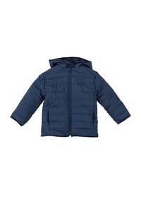 Chaqueta acolchada azul marino con capucha, cremallera frontal, dos bolsillos laterales y un pequeño logo redondo en el pecho.