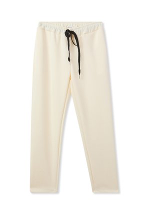 Pantaloni della tuta color crema con cintura elastica, dotati di un laccio nero e una texture liscia e morbida. Design a gamba dritta.