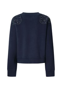 Felpa blu navy con maniche lunghe, design cropped e spalline decorate con un motivo di piccoli studs lucidi. Texture morbida.