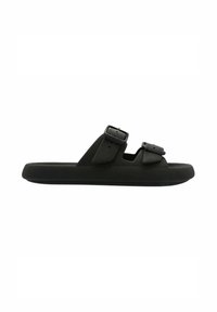 Sandales noires à glisser, fabriquées en matériau souple, comprenant deux sangles ajustables avec une boucle. Semelle plate, design minimaliste.