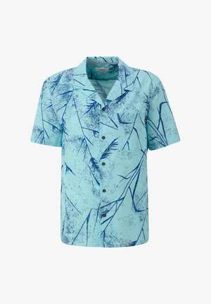 Vaaleansininen lyhythihainen nappipaita, jossa on tummansininen kasvimotiivi, rintatasku ja perinteinen kaulus.