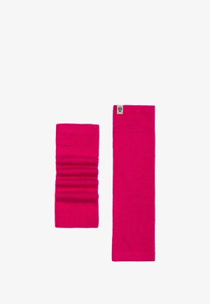 Two knitted accessories in bright pink: a ribbed scrunch scarf and a flat neck warmer, both featuring smooth texture and minimal branding.