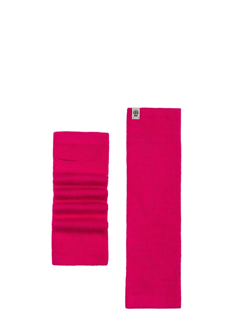 Two knitted accessories in bright pink: a ribbed scrunch scarf and a flat neck warmer, both featuring smooth texture and minimal branding.