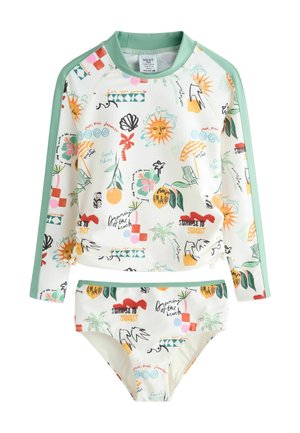 Child’s two-piece swimsuit with long-sleeve top featuring green trim and colorful summer-themed prints like suns, palm trees, and text.