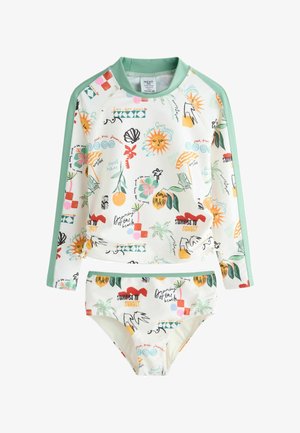 Børns todelte badedragt med langærmet top med grøn kant og farverige sommer-tema prints som sol, palmer og tekst.