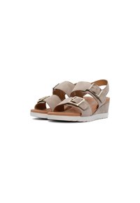 Beige Keilsandalen mit zwei breiten Riemen und Schnallen, aus strukturiertem Wildleder-Material und einer weißen Gummisohle für Komfort.