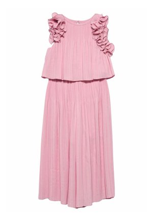Vestito rosa senza maniche con pieghe, dettagli in tessuto arricciato sulle spalline e corpetto a strati.