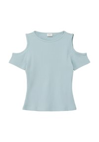 Haut côtelé bleu clair à manches courtes avec des découpes aux épaules. Présente un col rond. Le matériau est doux avec une apparence texturée.